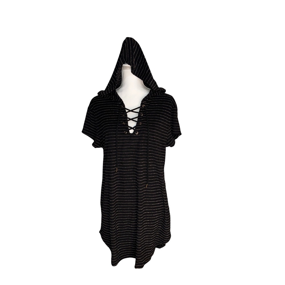 Ladies Med Black Gold Metallic Striped Hooded Lace Up Coverup or Dress NWT
